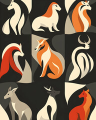 A colorful, geometric pattern of stylized animal silhouettes, including horses, foxes, and deer.
