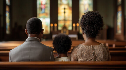 Obraz premium family of three sitting together in church, reflecting on their faith