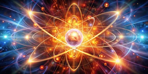 Obraz premium Cosmic Nucleus A Digital Art Composition of a Vibrant Atomic Model, Space, and Glowing Particles, abstract, science, art,