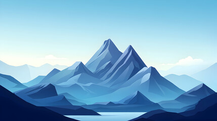 A minimalist illustration of a mountain range with a lake in the foreground, against a blue sky.