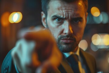 Fototapeta premium Blurred finger pointing at camera businessman clicking virtual button.
