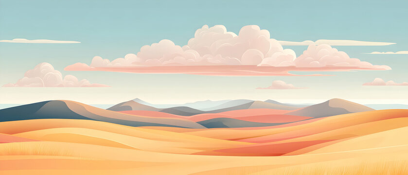 A picturesque landscape of rolling hills and fluffy clouds under a clear blue sky.