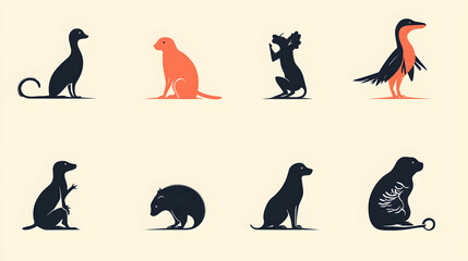 A set of 8 animal silhouettes in various poses, including a meerkat, a dog, a monkey, and a bird.
