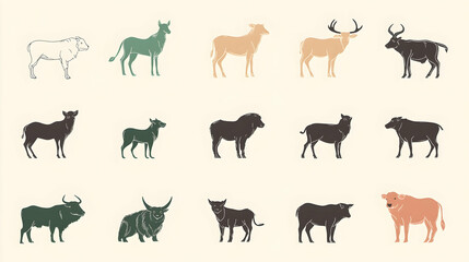 Fototapeta premium A set of 15 animal silhouettes, including sheep, deer, and cattle.