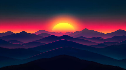 Fototapeta premium A vibrant sunset over a mountain range with a yellow sun.