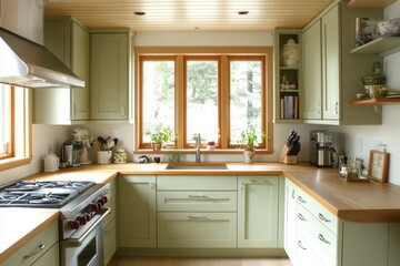 A Modern Kitchen with Green Cabinets, Wood Countertops, and a Stainless Steel Range
