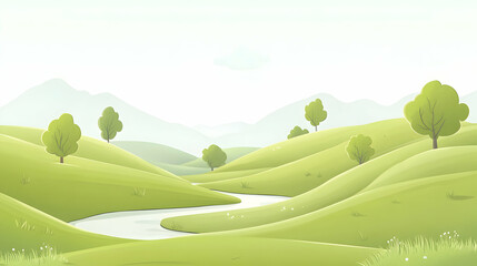 Obraz premium A winding river flows through a valley with rolling green hills and trees against a misty mountain background.