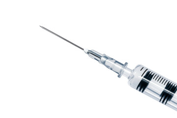 Syringe close up of needle tip isolated on background, equipment for accurate fluid measurement and dispensing.