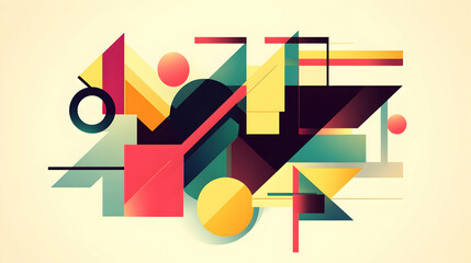 Abstract geometric shapes in vibrant colors on a beige background.