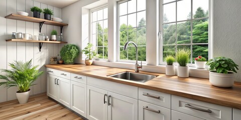 Modern Kitchen Sink with White Cabinets and Wooden Countertop, Window View, Kitchen Design, Kitchen Interior , Interior Design, Kitchen Decor
