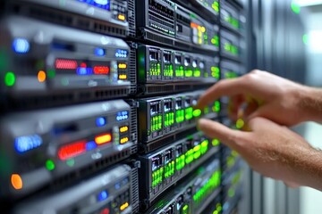 Technician adjusting equipment on data center server racks symbolizing high security data management technology infrastructure and precision in digital information handling