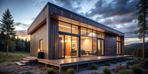 Fototapeta premium Modern Wooden Cabin with Sunset Views, 3D Render, Minimalist Design, Architecture, Cabin, Sunset, Nature