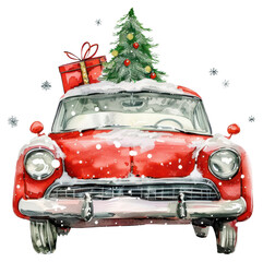 PNG Retro red car with gift box and Christmas tree on top and snowflakes background illustration.