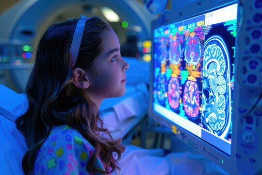Young resident in a hospital learning about brain inovations in medicine. Brain ct scan.