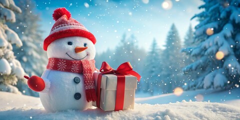 Fototapeta premium Smiling Snowman Holding Gift in Snowy Forest, Christmas, Holiday, Winter