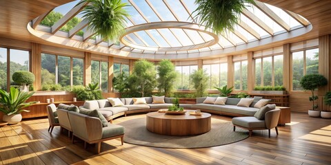 Fototapeta premium Sunlit Modern Living Room with Skylight, Wood Floor, and Green Plants, Interior Design, Home Decor, Modern Architecture