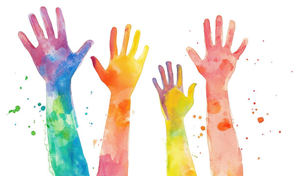 PNG Colorful family hands raised in unity painting art illustration.
