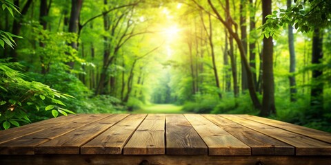 Wooden Tabletop in Sunny Forest, Wood Texture, Natural Background, Summer, Greenery, Tabletop Photography