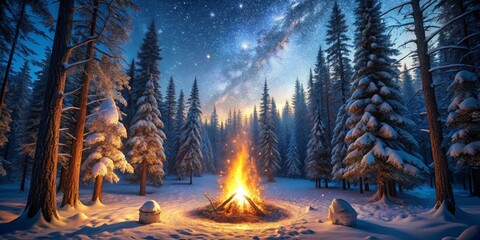 Winter Wonderland Firelight in the Snowy Forest with a Starry Night Sky, Forest, Night, Winter, Campfire