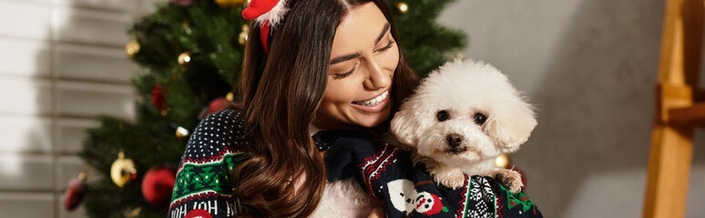 Young woman in cozy sweater joyfully celebrating Christmas with her Bichon Frise dog at home