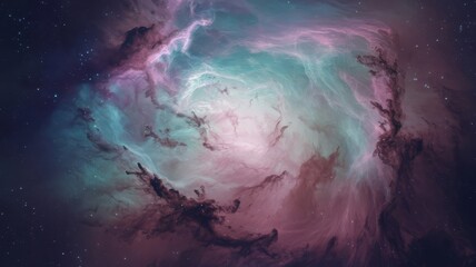 A celestial nebula with swirling pastel colors of lavender, aqua, and pink against a deep-space black backdrop