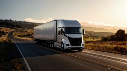 Electric truck navigates scenic highway embracing sustainable transportation