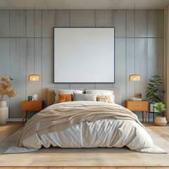 large empty wall in the interior of a minimalist bedroom in the house, good furniture and furnishings, a large poster layout in the house