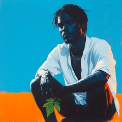 Modern Art Portraits of Men in White Clothing with Green Leaves Against Bold Blue and Orange Backgrounds