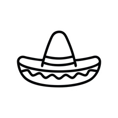 Sombrero Hat Outline Icon, Black and white outline icon of a traditional sombrero hat with decorative patterns, symbolizing Mexican culture and festive celebrations.
