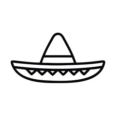 Sombrero Hat Outline Icon, Black and white outline icon of a traditional sombrero hat with decorative patterns, symbolizing Mexican culture and festive celebrations.
