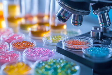 Microscope examining colorful petri dishes in laboratory, microbiology research, biotechnology innovation, chemical analysis, medical experiment, pharmaceutical science study