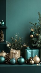 A beautifully arranged festive Christmas scene with presents and decorations on a teal background