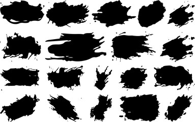 Set of grunge ink splatter and brush stroke textures, vector collection of abstract black paint splashes and blot shapes, perfect for backgrounds, design accents, overlays, and artistic effects