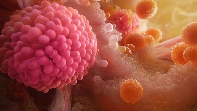 Cancer cells in the human body under the microscope. The concept of diseases and viruses. Medical Science Background. Microenvironment normal cells, molecules, and blood vessels.