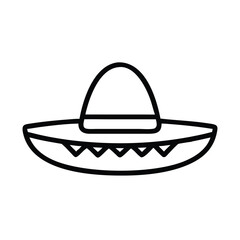 Sombrero Hat Outline Icon, Black and white outline icon of a traditional sombrero hat with decorative patterns, symbolizing Mexican culture and festive celebrations.
