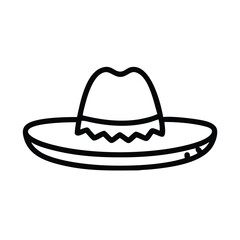 Sombrero Hat Outline Icon, Black and white outline icon of a traditional sombrero hat with decorative patterns, symbolizing Mexican culture and festive celebrations.

