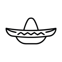 Sombrero Hat Outline Icon, Black and white outline icon of a traditional sombrero hat with decorative patterns, symbolizing Mexican culture and festive celebrations.
