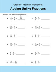 Maths Addition Worksheets Vector For Grade 5 Students, Teachers, and Parents. Mathematics Worksheet Illustration.