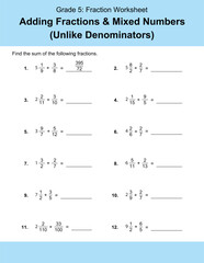 Maths Addition Worksheets Vector For Grade 5 Students, Teachers, and Parents. Mathematics Worksheet Illustration.