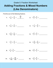 Maths Addition Worksheets Vector For Grade 5 Students, Teachers, and Parents. Mathematics Worksheet Illustration.