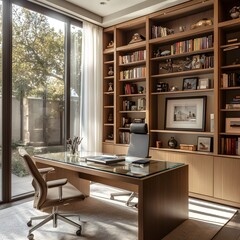 A modern home office featuring a dual monitor setup, ergonomic chair, and stylish decor, designed for maximum productivity and comfort