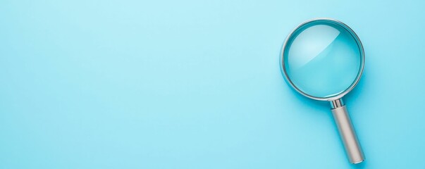 A magnifying glass lies on a blue background, symbolizing exploration, investigation, and clarity in analysis.