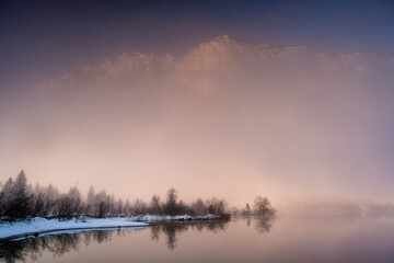 Fototapeta premium ein Berg taucht im Winter aus dem Nebel auf, Bohinj See, Slowenien