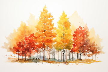 A watercolor painting of an autumn forest landscape, featuring a mix of red, yellow, and orange trees with vibrant fall foliage