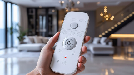 A hand holding a modern remote control in a stylish living room setting