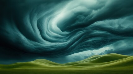 Swirling storm clouds loom over rolling green hills, creating a dramatic landscape, AI