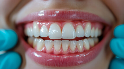 Close-up of smiling face with healthy, aligned teeth for dental hygiene concepts.