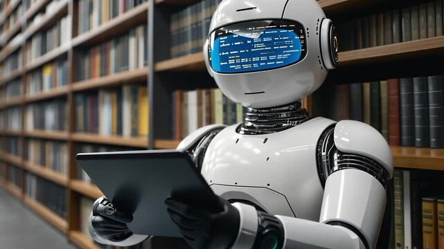 A robot reads an electronic tablet in a library filled with books during daytime