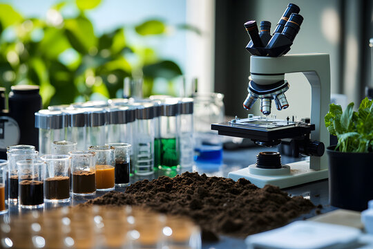  Soil sample lab with microscope and test tubes for scientific analysis, studying soil nutrients, agricultural research, and soil quality for sustainable farming insights