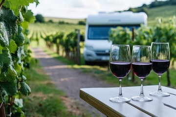 Enjoy the serene beauty of vineyards. Three glasses of red wine set on a table invite relaxation. A quaint RV enhances this tranquil setting. Generative AI